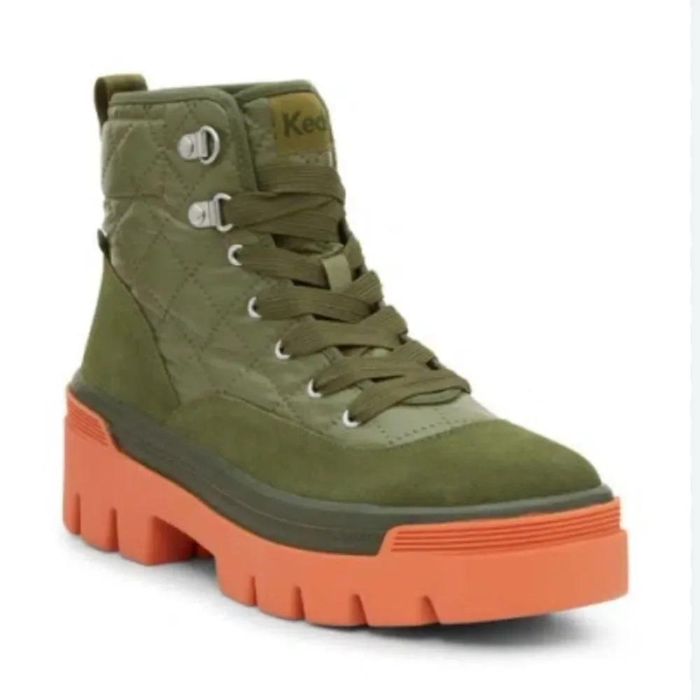 Keds Quilted Green High-Tops with Vibrant Orange Soles(Size 9)